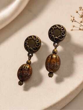 Signed Antique Brass Scroll Drop Earrings with Amber Beads